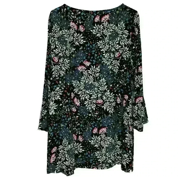 J Jill Tunic sz L Scoop Neck 3/4 Raglan Sleeve Flowy Floral Fairy Grunge Black - Picture 2 of 8